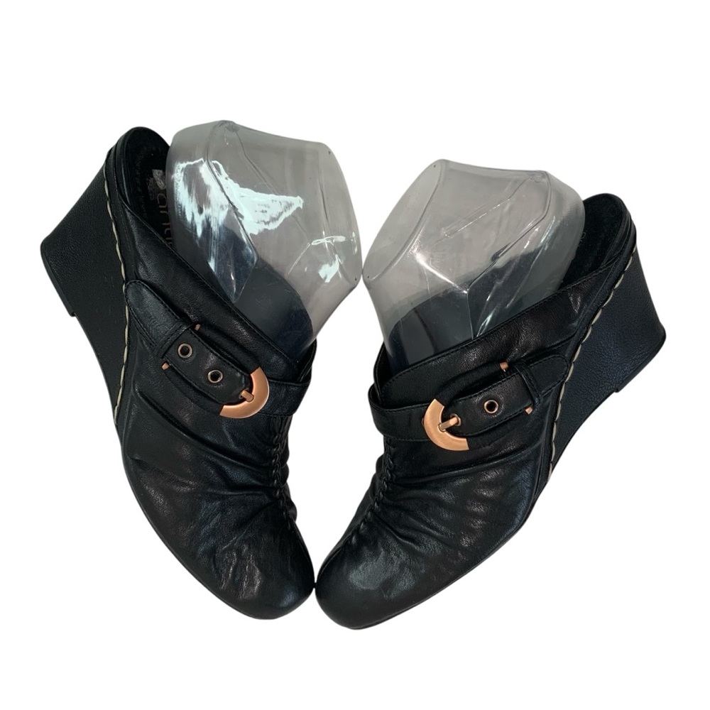 ANTIA Black Leather Ruched Wedge Mules Sz 10N